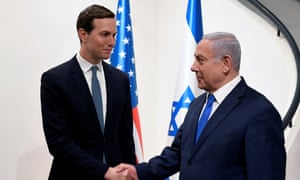 The Israeli prime minister, Benjamin Netanyahu, shakes hands with Jared Kushner during their meeting in Jerusalem, 30 May 2019.