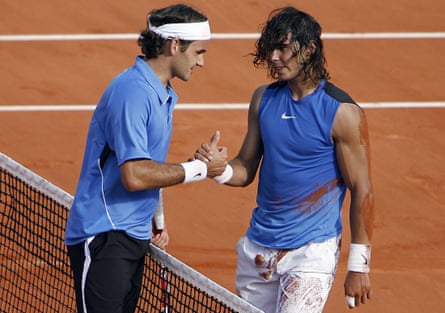 Tennis players Roger Federer and Rafael Nadal at the finals of the French Open in 2006