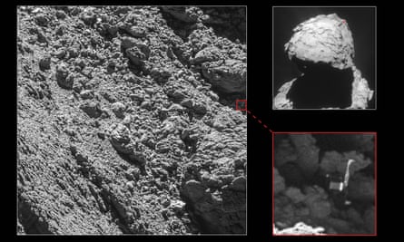 This composite photo shows the lost Philae lander (bottom right), found wedged in a “dark crack” on the side of comet 67P.
