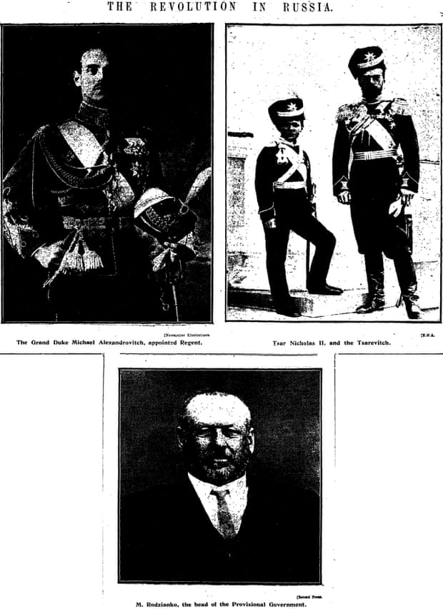 Grand Duke Michael, here named regent rather than as the new Tsar, Tsar Nicholas II and his son Alexei and Mikhail Rodzianko, head of the provisional government, published on page 6 of the Manchester Guardian 16 March 1917