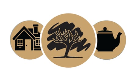 Three interconnected beige-coloured circles with a house motif in one, a play on the Conservatives logo but of a barren tree, and another circle featuring a teapot