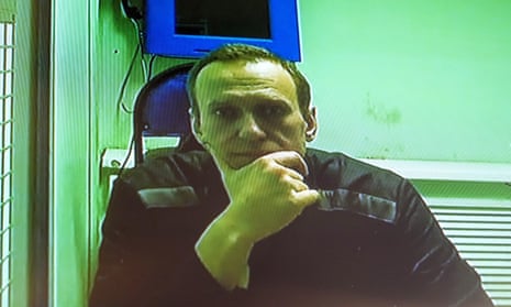Alexei Navalny seen on a video link provided by the Russian federal penitentiary service in a courtroom in Moscow last month