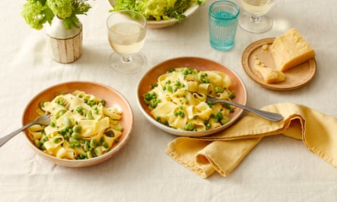 Pappardelle with peas, broad beans, parmesan and preserved lemon