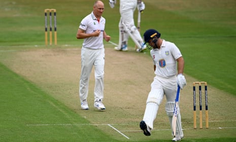 Sean Dickson of Durham reacts after being caught behind off the bowling of Leicestershire’s Dieter Klein.