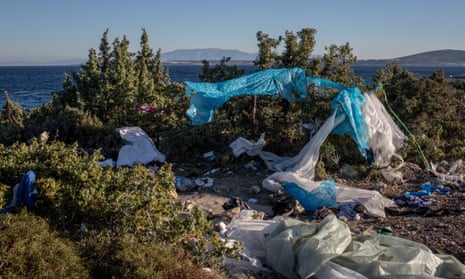 An abandoned campsite used by migrants and refugees in the Turkish coastal town of Cesme