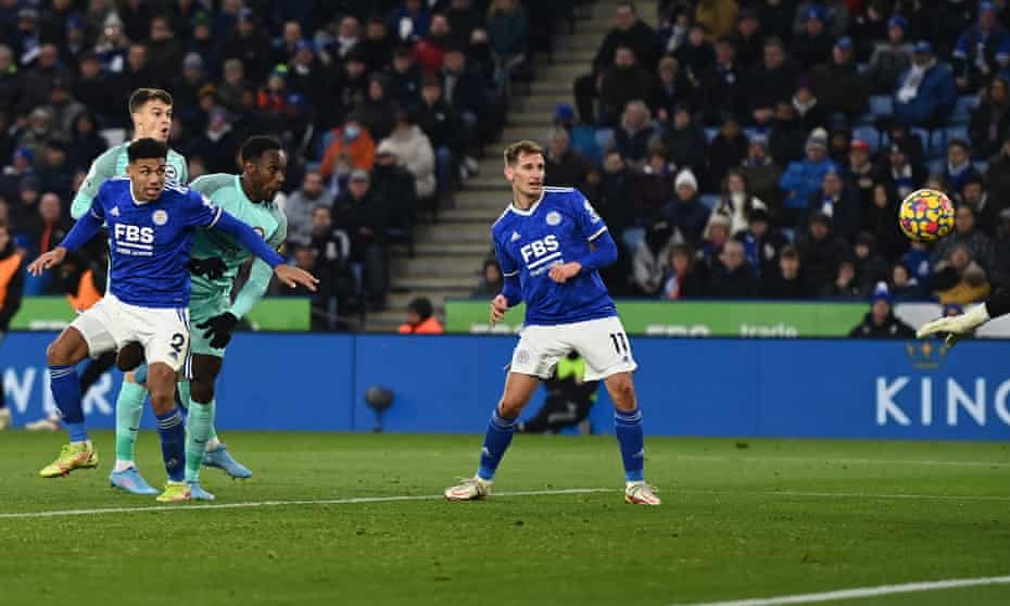 Danny Welbeck (third from left) watches his header go into the net for Brighton’s late equaliser against Leicester.