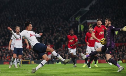 Dele Alli scores past David de Gea after deceiving Fred and Ashley Young with a sublime first touch on a dropping ball.