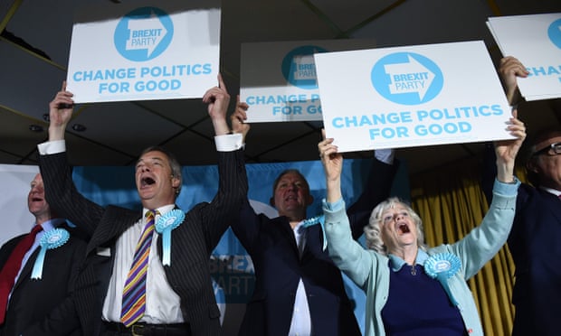 Nigel Farage, left, Ann Widdecombe, right, and other Brexit party candidates at a rally near Pontefract.