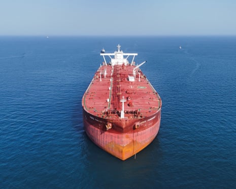 A drone view shows a Malta-flagged tanker, which sailed through the strait of Hormuz, arriving in Iraq’s territorial waters on 17 April.