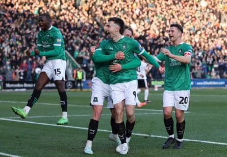Ryan Hardie celebrates scoring Plymouth’s winner against Liverpool in the FA Cup fourth round in February