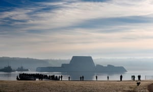 The first Zumwalt-class destroyer heads down the Kennebec River after leaving Bath Iron Works in Bath, Maine.