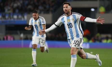Lionel Messi celebrates scoring for Argentina against  Ecuador in Buenos Aires