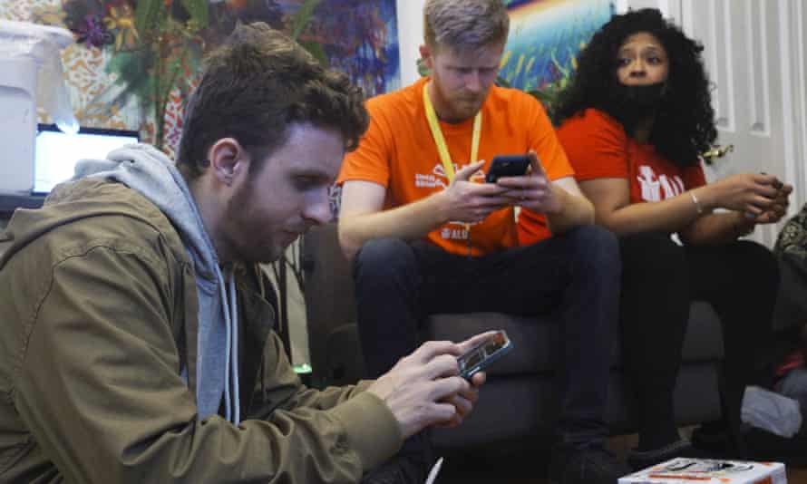 The Amazon Labor Union leaders, left to right, Connor Spence, Brett Daniels and Angelika Maldonado.