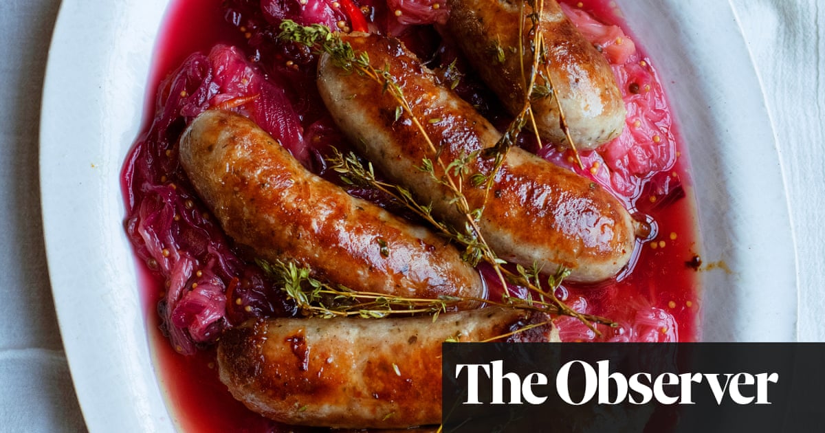 Nigel Slater’s recipes for baked sausages with rhubarb chutney, and apricot cheesecake