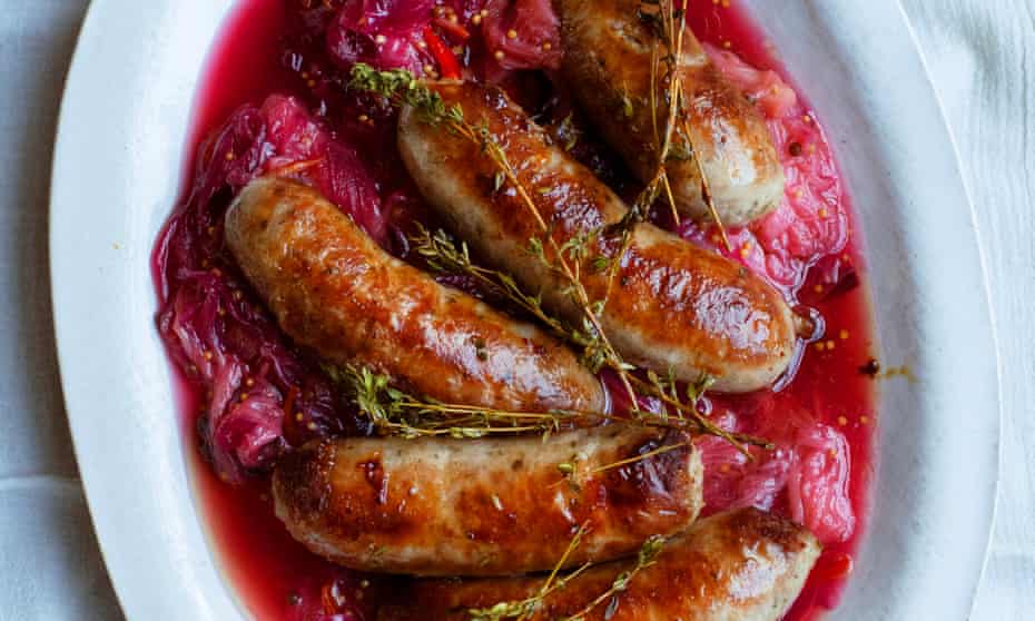 Super snags: baked sausages, rhubarb chutney.