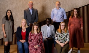 Members of the AstraZeneca team, from left to right: Dr Parvinder Aley, Dr Cath Green OBE, Charles Parkins, Dr Amy Flaxman, Dr Mustapha Bittaye, Prof Andrew Pollard, Prof Sarah Gilbert, Hannah Robinson. Photograph: Manuel Vázquez/The Guardian