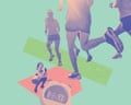 composite image of people running, a woman doing a squat exercise and a stopwatch