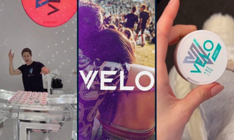 A composite picture showing social-media-style marketing images for Velo pouches, including a promotional stand, people at an outdoor event, and someone holding a packet of Velos