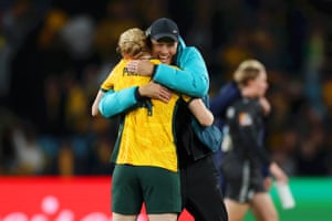 Clare Polkinghorne is congratulated by head coach Tony Gustavsson after Australia’s 2-0 victory.