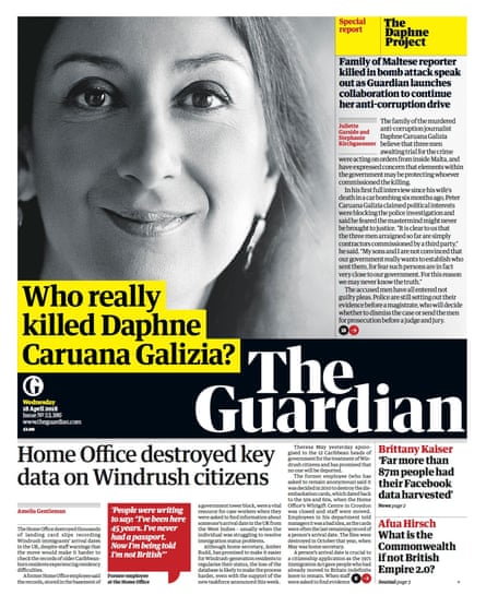 The Daphne Project, 18 April 2018 front page