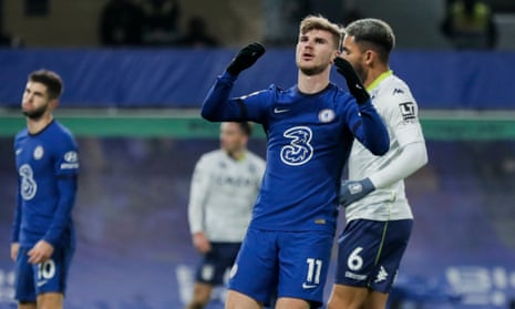 Chelsea’s Timo Werner of reacts after another missed opportunity.