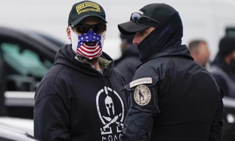 Members of Oath Keepers attend a rally at Freedom Plaza on 5 January 2021, in Washington, in support of Donald Trump.