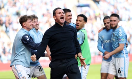 Frank Lampard celebrates Bobby Thomas’s winning goal for Coventry against Stoke.