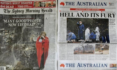 Australian newspaper front pages from Febuary 2009, showing the devastating aftermath of the Victorian bushfires. 