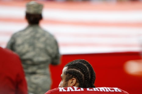 Colin Kaepernick kneels in protest during the national anthem before the San Francisco 49ers’ game against the Los Angeles Rams at Levi’s Stadium in September 2016.