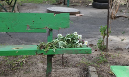 Flowers on a bench in Kherson city.