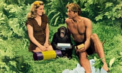 a still from the 1949 film Tarzan’s Magic Fountain showing Brenda Joyce as Jane, Lex Barker as Tarzan and Cheeta in another uncredited central role.