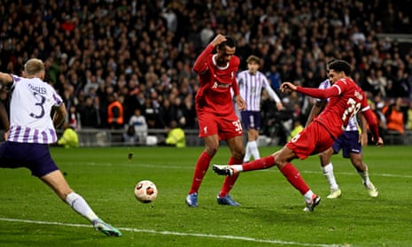 Jarell Quansah of Liverpool scoring the third goal making the score 3-3 but later disallowed following a VAR review.