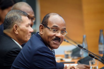 Gaston Browne, left, the prime minister of Antigua and Barbuda, and Arnold Loughman, attorney general of Vanuatu, attend a hearing at the International Tribunal for the Law of the Seas (ITLOS) on 11 September in Hamburg, Germany.