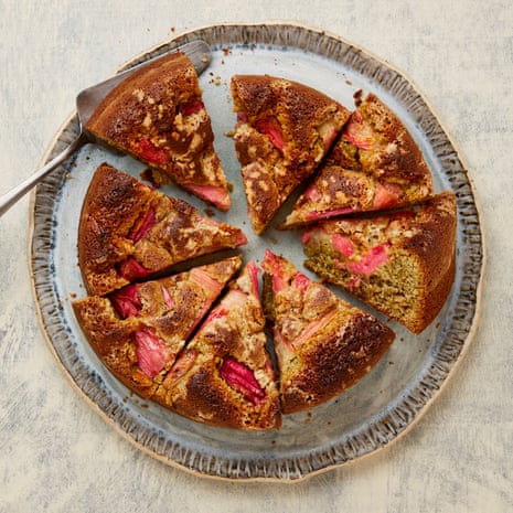 Georgina Hayden's rhubarb cardamom and pistachio cake.