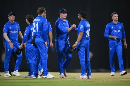 Harry Manenti and Jaspreet Singh celebrate Italy’s victory over Canada in their 2026 T20 World Cup warm-up match in Chennai, India.