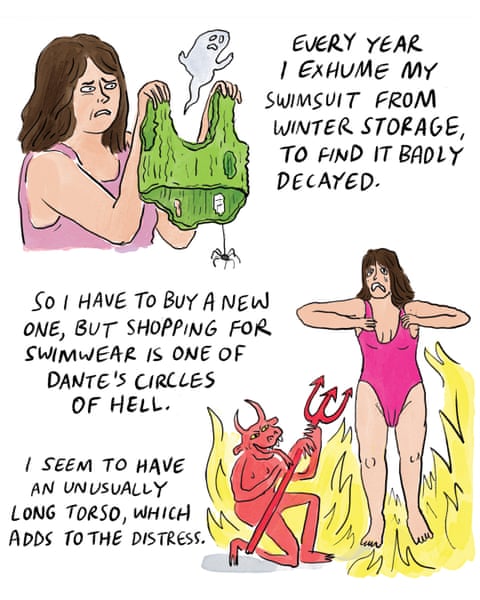 A series of cartoon images of a woman wearing swimwear., panel 3