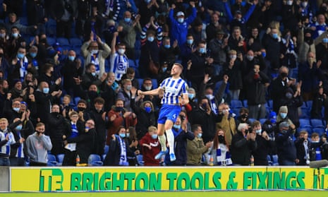 Brighton &amp; Hove Albion’s Adam Webster celebrates scoring.