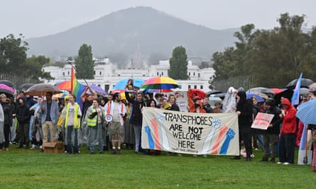 Members of Canberra’s LGBTQIA+ community protest against British anti-transgender rights activist Kellie-Jay Keen-Minshull, also known as Posie Parker, outside Parliament House in Canberra.