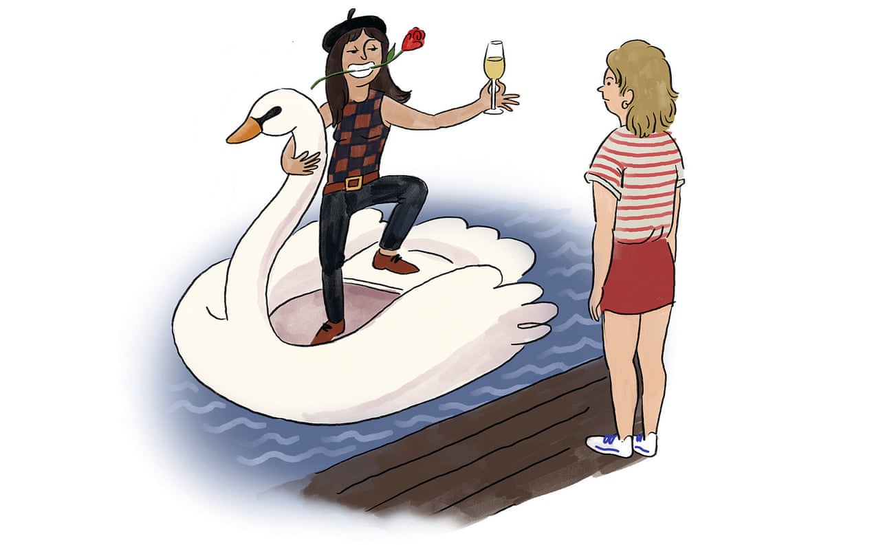 Illustration of a woman in a swan boat on water, rose in teeth, glass in hand, opposite another woman standing on the bank