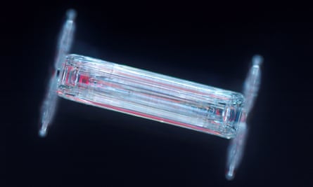 A frozen ice column capped at each end by thin lines of ice