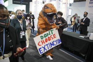 An activist dressed as a dinosaur walks enters the climate summit