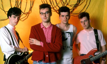 Andy Rourke, right, with, from left, Johnny Marr, Morrissey and Mike Joyce, before the Detroit date of the Smith’s Meat Is Murder tour in 1985.
