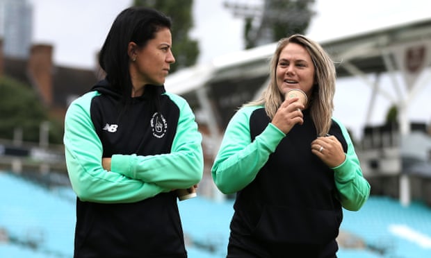 Marizanne Kapp (left) and Dane van Niekerk of Oval Invincibles during the Hundred match against Trent Rockets at The Oval in August 2021.