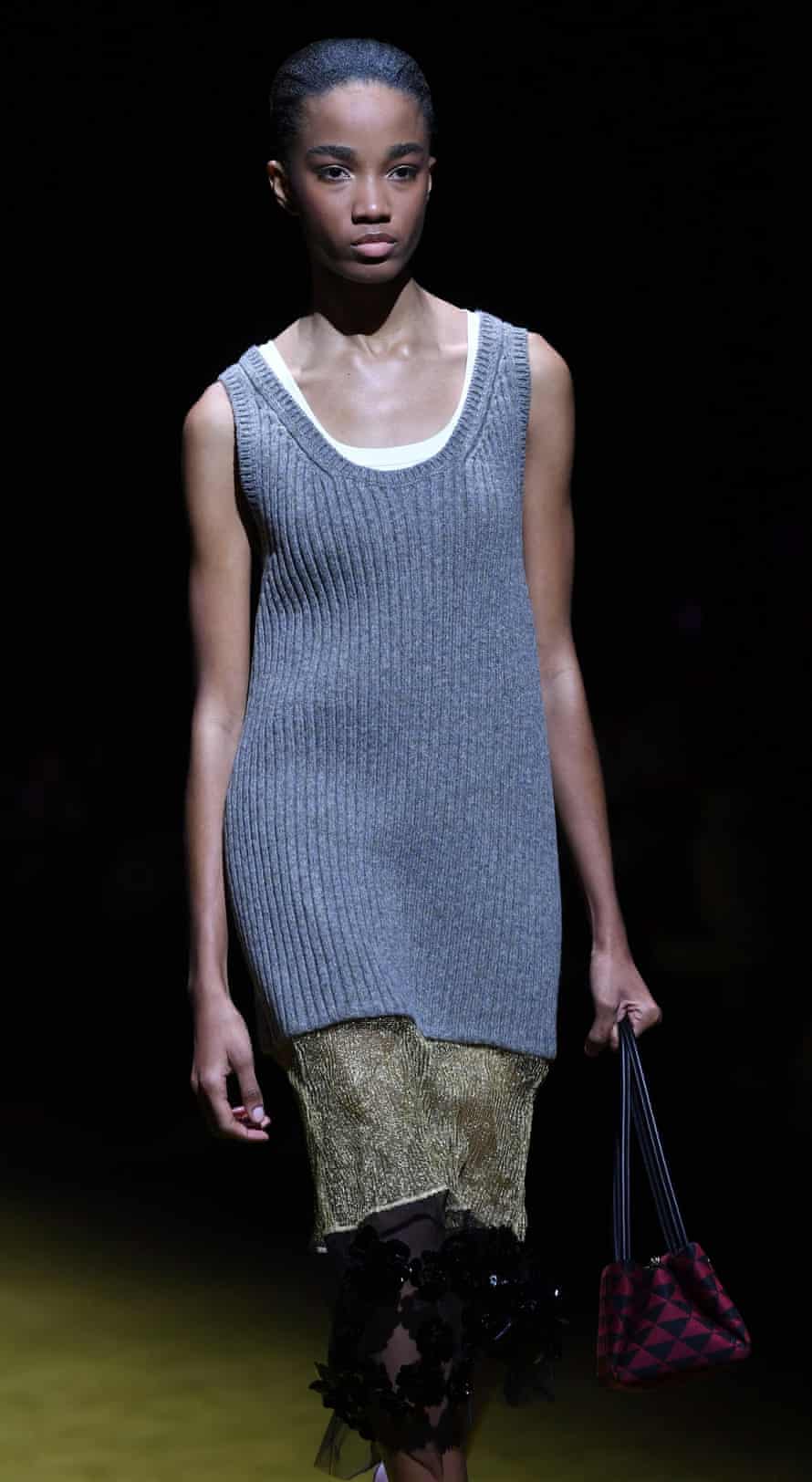 Simple Marlon Brando-style white cotton vests turned up in no less than 15 of Prada's catwalk looks.