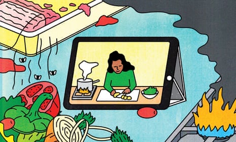 illustration of an ipad playing a cooking show on a counter with meat and vegetables and a gas stove