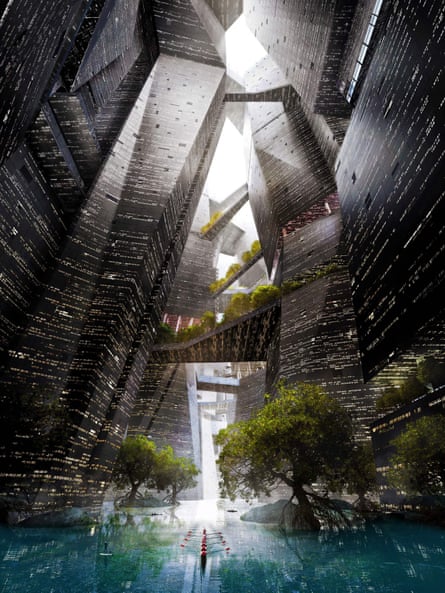A team of rowers scull down a canal that runs between two jaggedly angled black futuristic skyscrapers