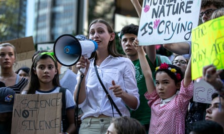 Alexandria Villaseñor participates in a youth climate change protest in front of the UN headquarters in New York, on 30 August.