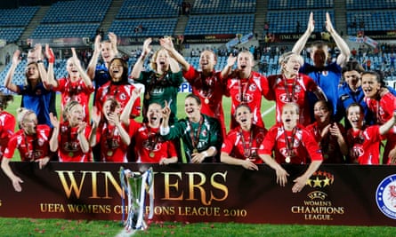 Turbine Potsdam players celebrate after beating Lyon on penalties in the 2010 Women’s Champions League final.