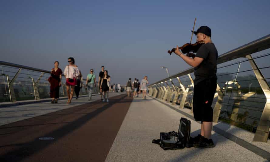 A street musician performs