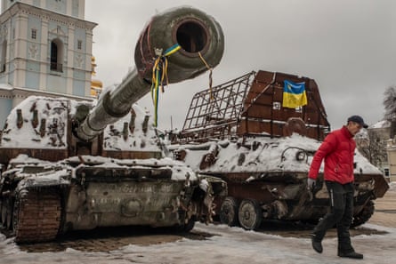 Russian tanks captured by Ukrainian troops are put on display in Kyiv